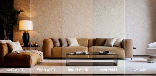 Living room shown under five different white light color temperatures from Soft White to Daylight