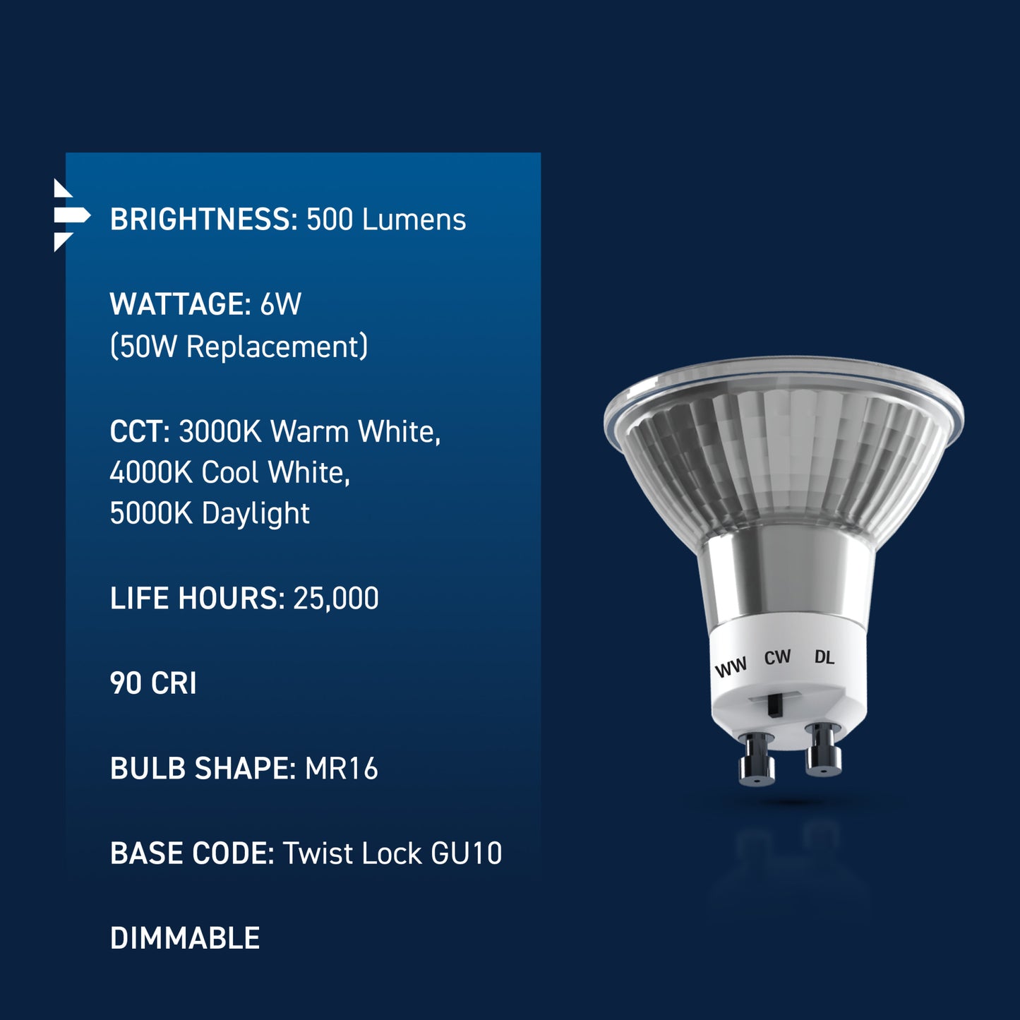 50W Replacement MR16 Switchable White Twist Lock GU10 Base Dimmable LED Light Bulb (3-Pack)