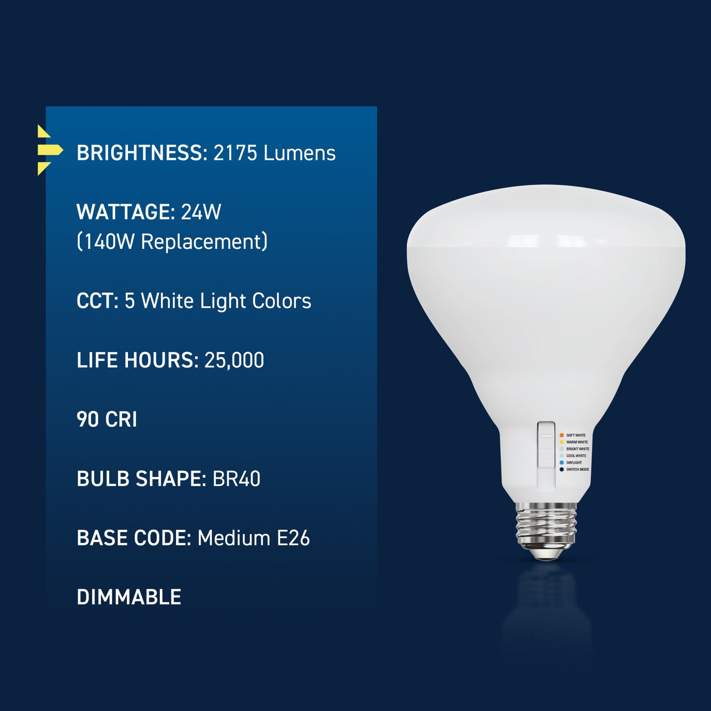 150W Replacement BR40 Super Bright 5 Shades + Switch Mode Medium E26 Base Dimmable LED Light Bulb (2-Pack)