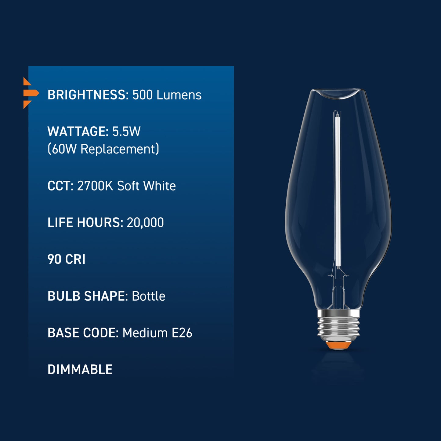 60W Replacement Bottle White Filament Soft White Medium E26 Base Dimmable LED Light Bulb