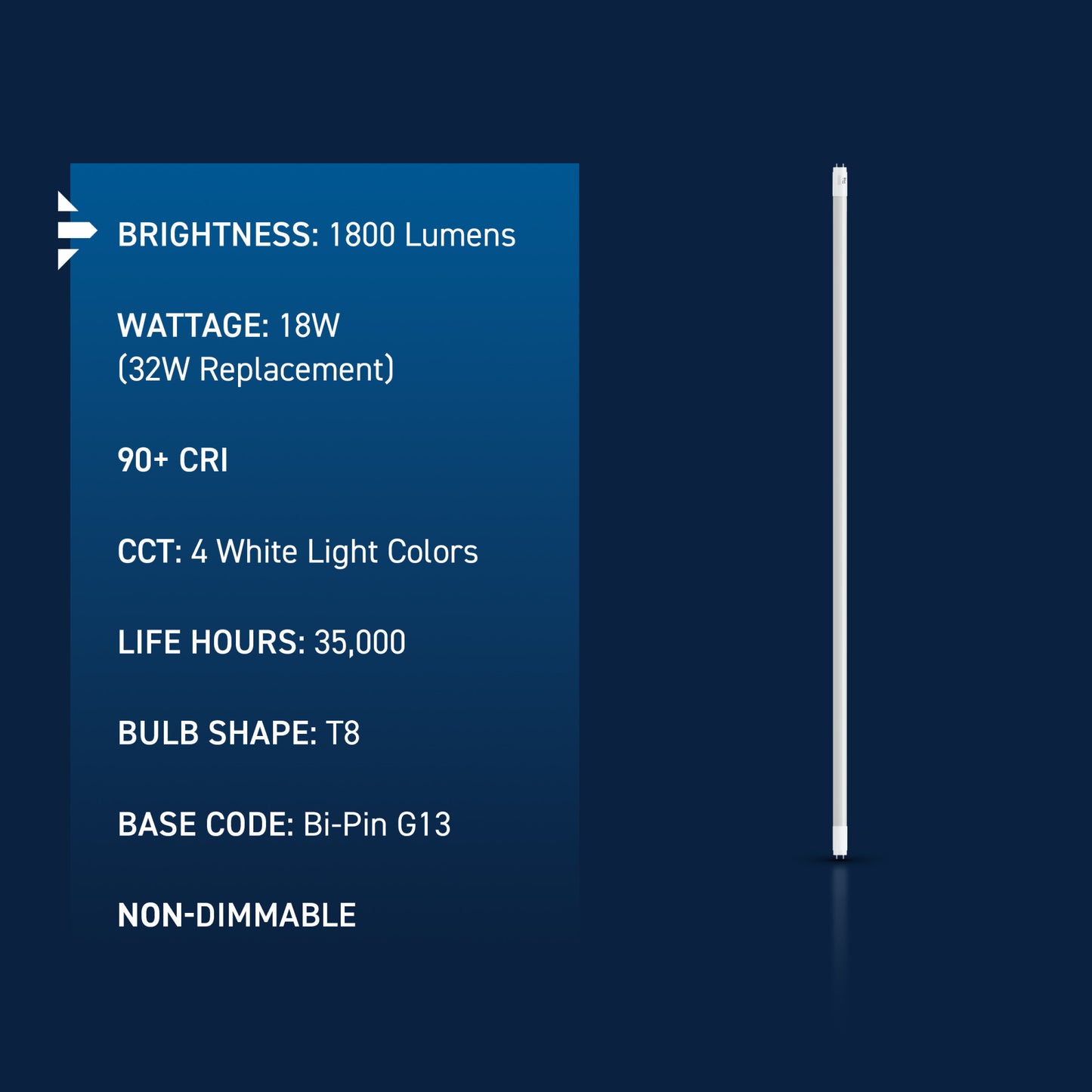 18W 4ft T8 switchable White G13 Base Non-Dimmable LED Linear Light Tube (10 Pack)