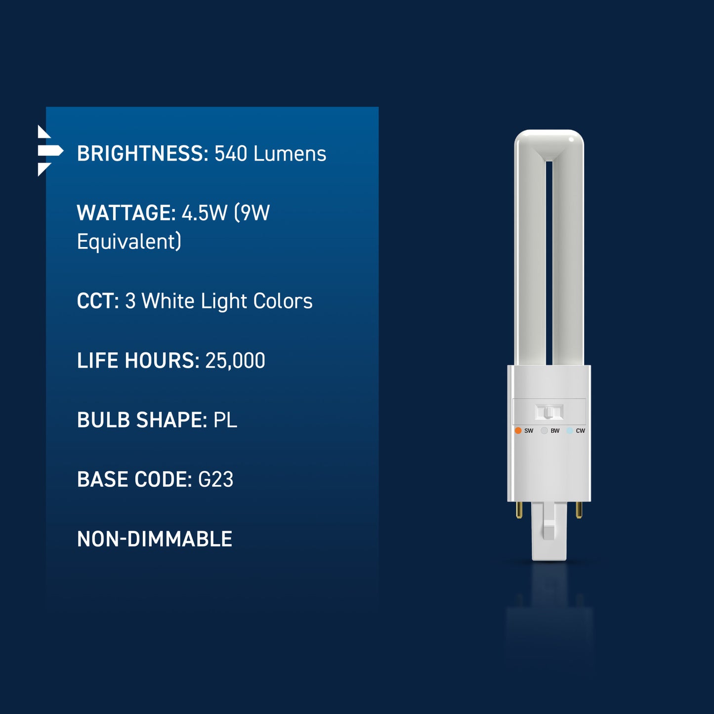 9W Replacement Twin Tube PL G23 Base 3 Shades LED Light Bulb