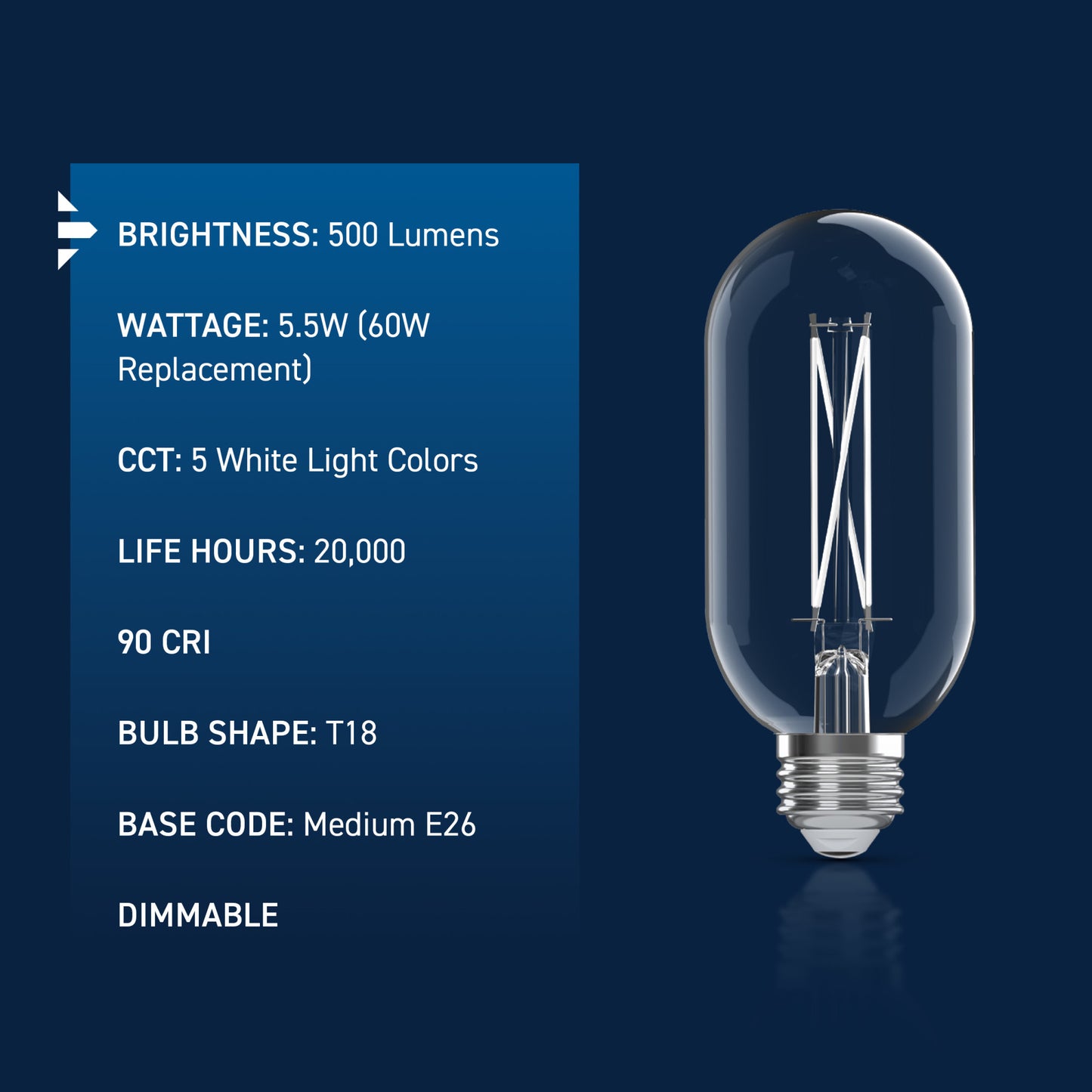 60W Replacement T18 White Filament Switchable White Medium E26 Base Dimmable LED Light Bulb (2-Pack)