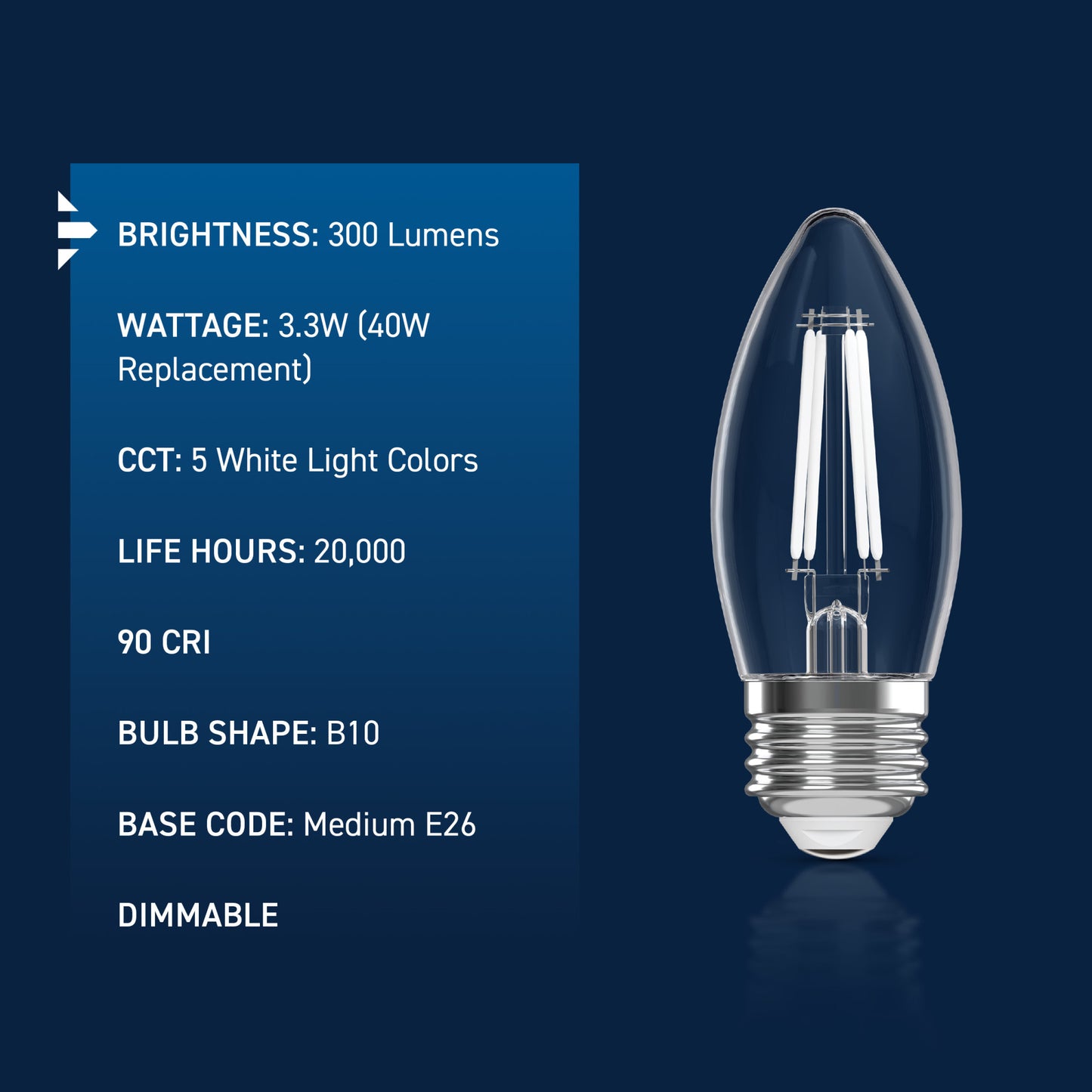 40W Replacement B10 White Filament Switchable White Medium E26 Base Dimmable LED Light Bulb (3-Pack)
