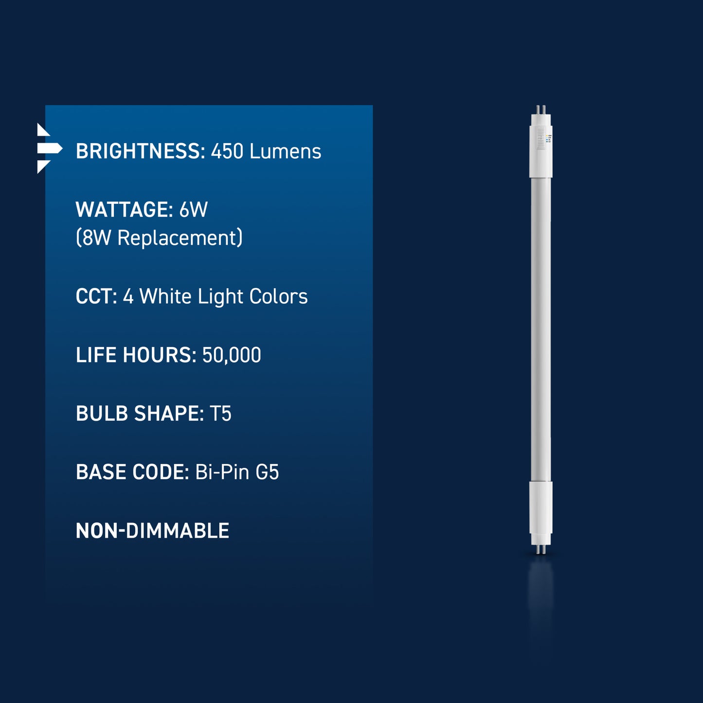 6W 12in T5 Switchable White G5 Base Non-Dimmable LED Linear Light Tube