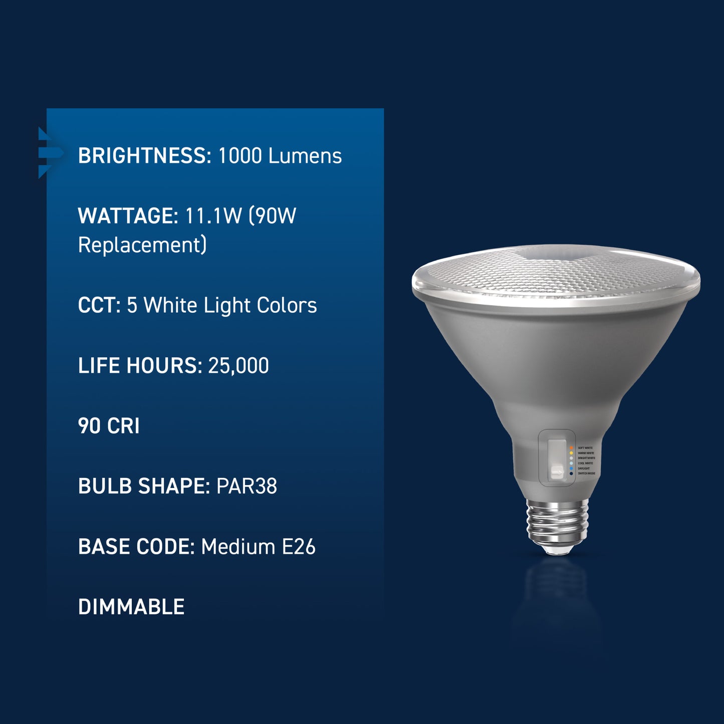 90W Replacement PAR38 5 Shades + Switch Mode Medium E26 Base Dimmable LED Light Bulb (2-Pack)