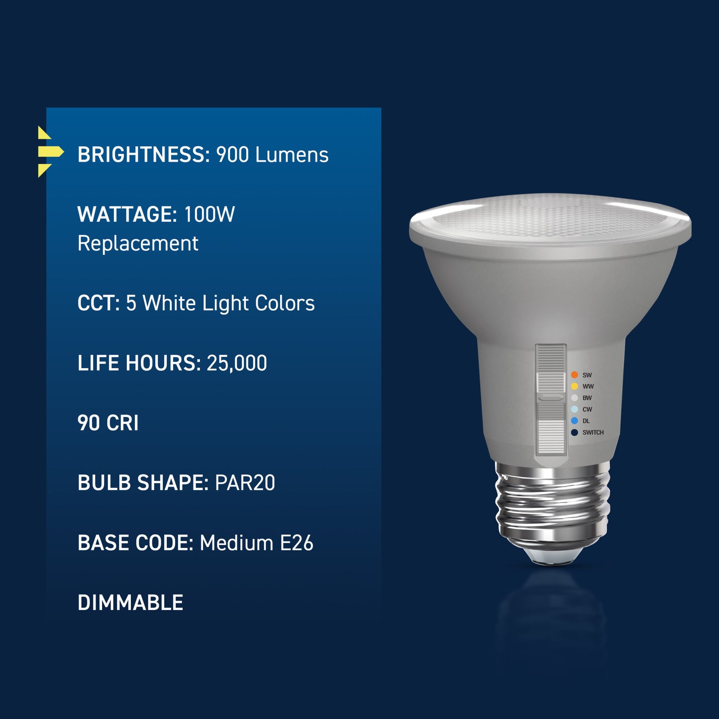 100W Replacement PAR20 Super Bright 5 Shades + Switch Mode Medium E26 Base Dimmable LED Light Bulb (2-Pack)