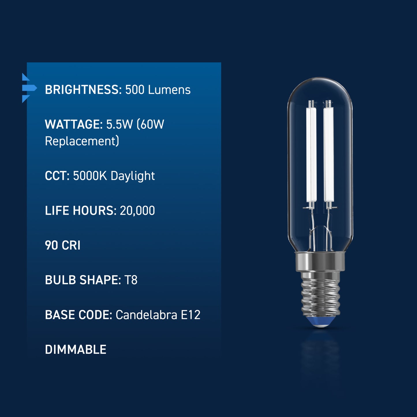60W Replacement T8 White Filament Daylight Candelabra E12 Base Dimmable LED Light Bulb (2-Pack)