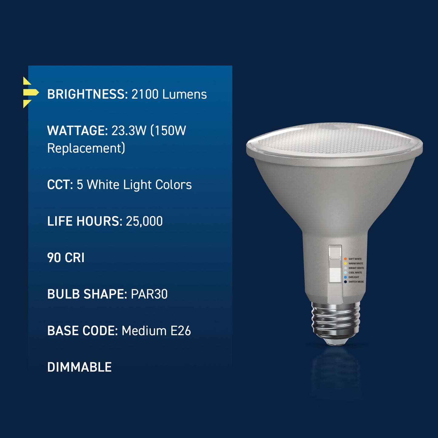 150W Replacement PAR30 Super Bright 5 Shades + Switch Mode Medium E26 Base Dimmable LED Light Bulb (2-Pack)