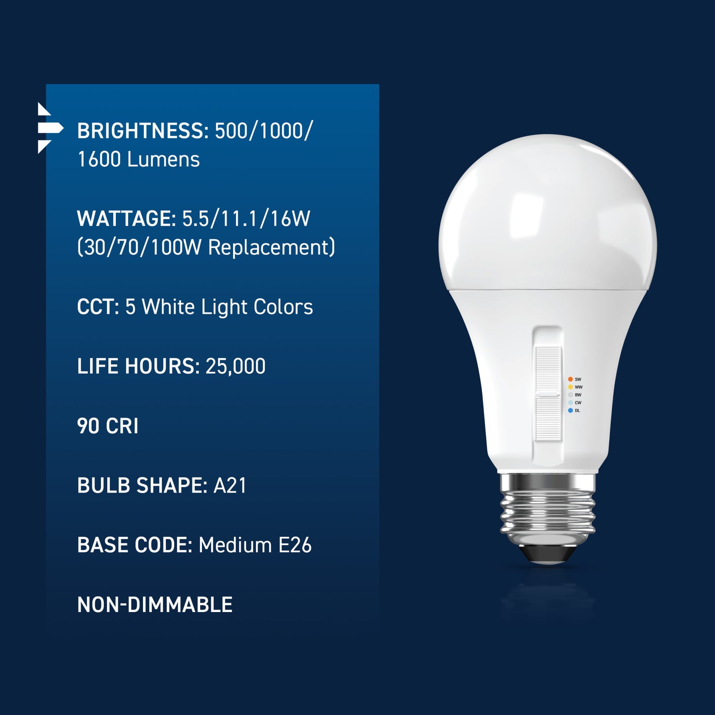 30/70/100W Replacement Switchable White Medium E26 Base Non-Dimmable 3-Way LED Light Bulb