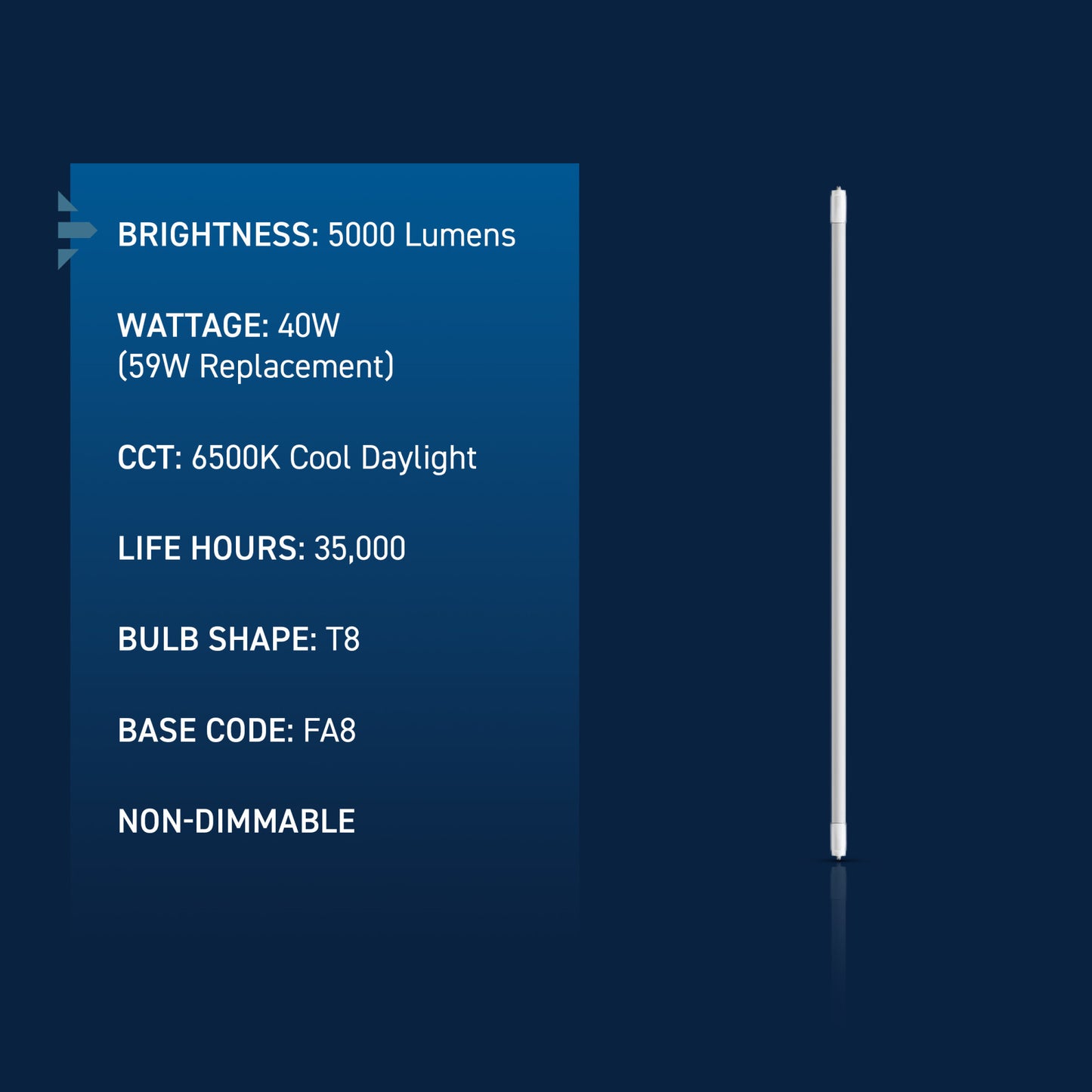 40W 8ft T8 Cool Daylight FA8 Base Non-Dimmable LED Linear Light Tube (2 Pack)