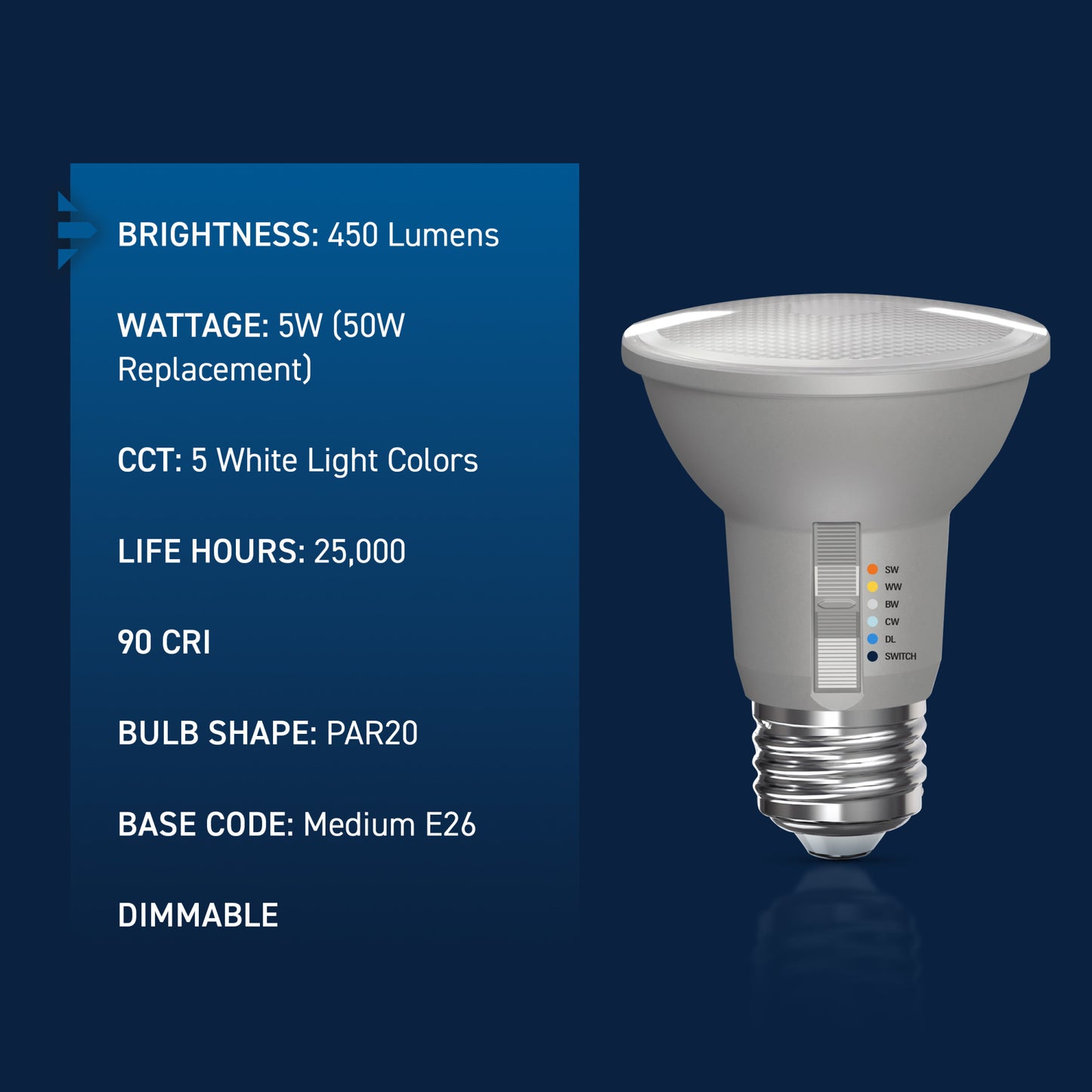50W Replacement PAR20 5 Shades + Switch Mode Medium E26 Base Dimmable LED Light Bulb (2-Pack)