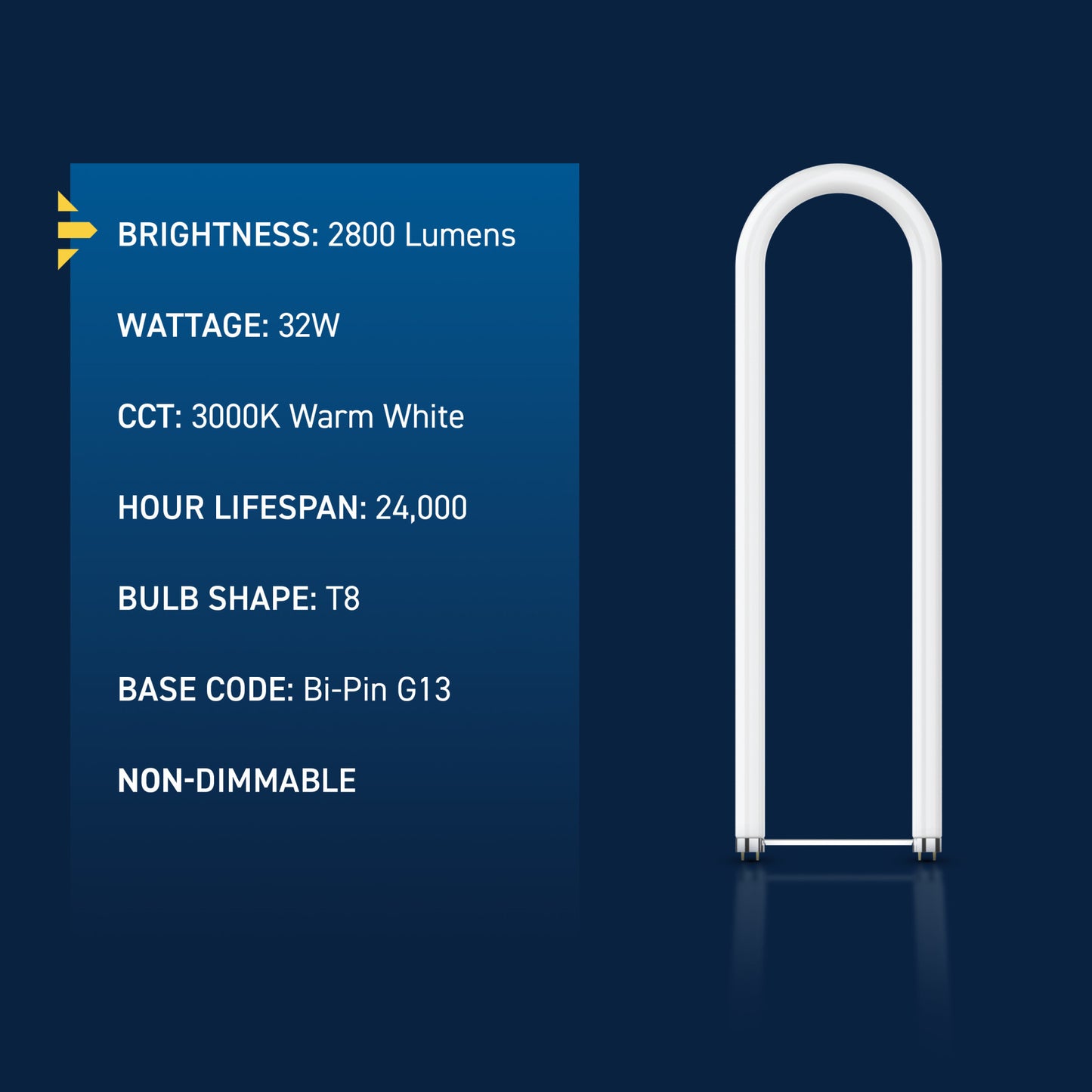 32W 2ft T8 Warm White G13 Base Non-Dimmable U-Bend Fluorescent Light Tube
