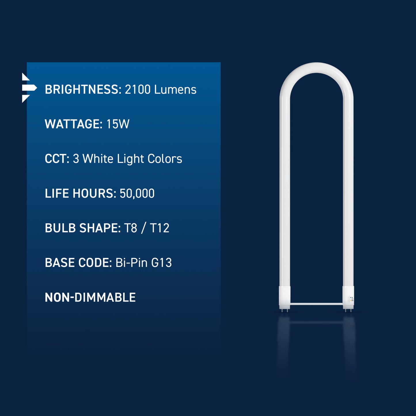 15W 2ft T8 Switchable White G13 Base Non-Dimmable LED U-Bend Light Tube