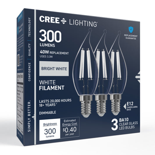 40W Replacement BA10 White Filament Bright White Candelabra E12 Base Dimmable LED Light Bulb (3-Pack)