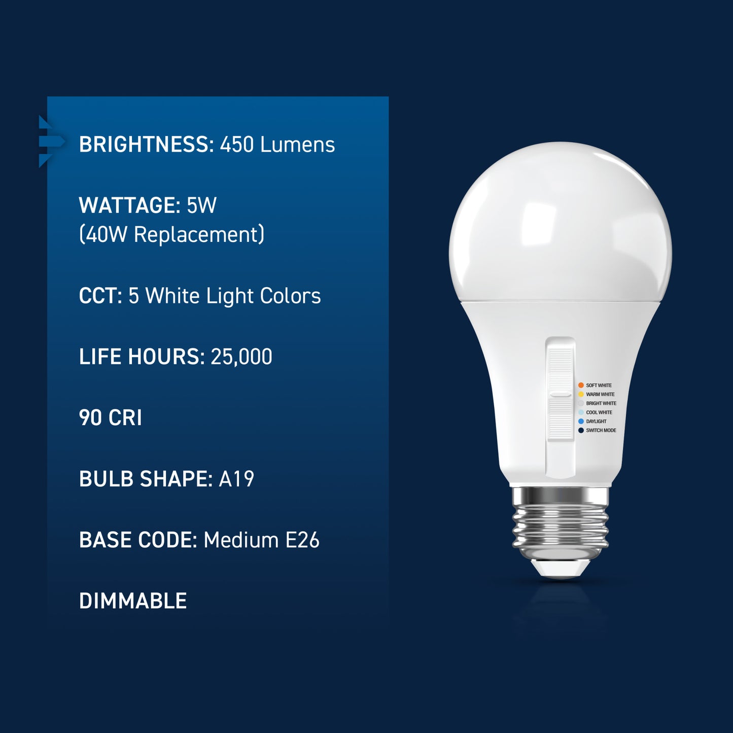 40W Replacement A19 5 Shades + Switch Mode Medium E26 Base LED Light Bulb (4-Pack)