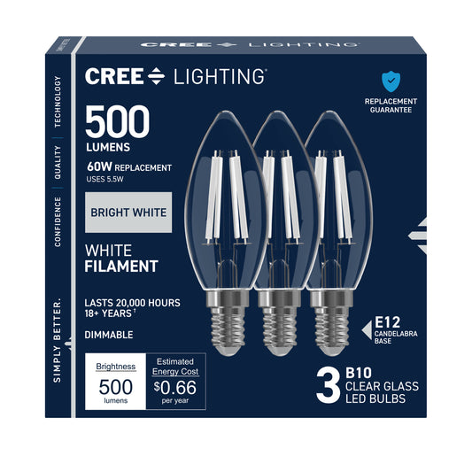 60W Replacement B10 White Filament Bright White Candelabra E12 Base Dimmable LED Light Bulb (3-Pack)