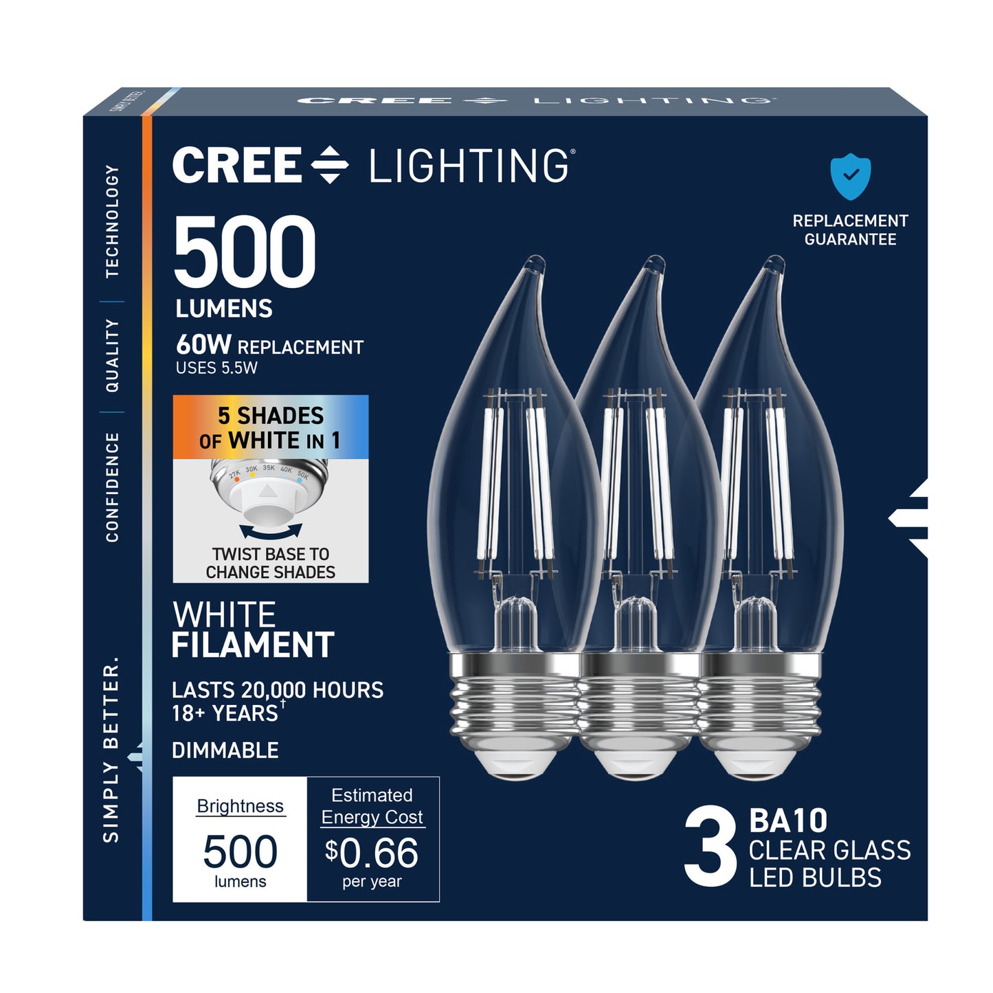 60W Replacement BA10 White Filament Switchable White Medium E26 Base Dimmable LED Light Bulb (3-Pack)