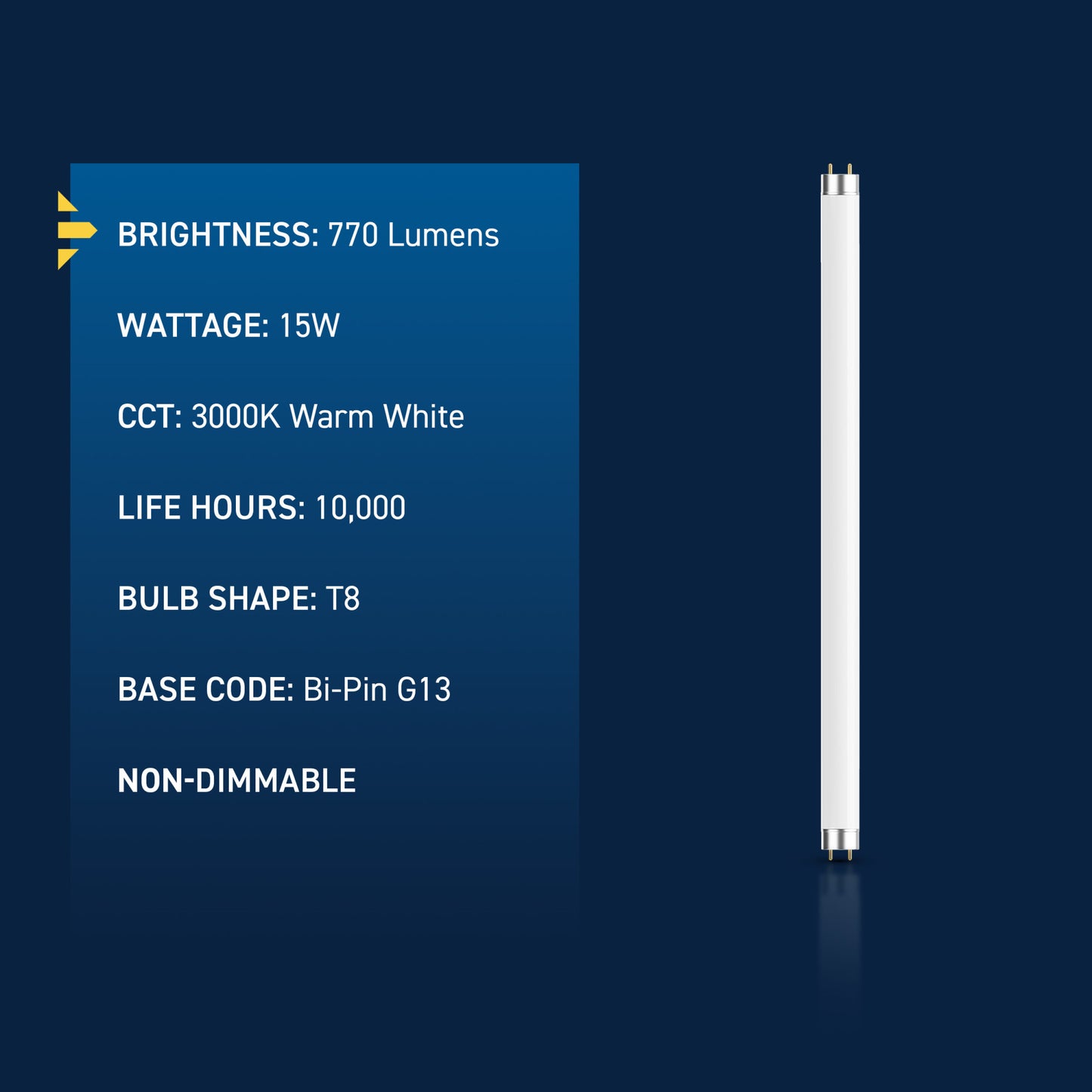 15W 18in T8 Warm White G13 Base Non-Dimmable Linear Fluorescent Light Tube