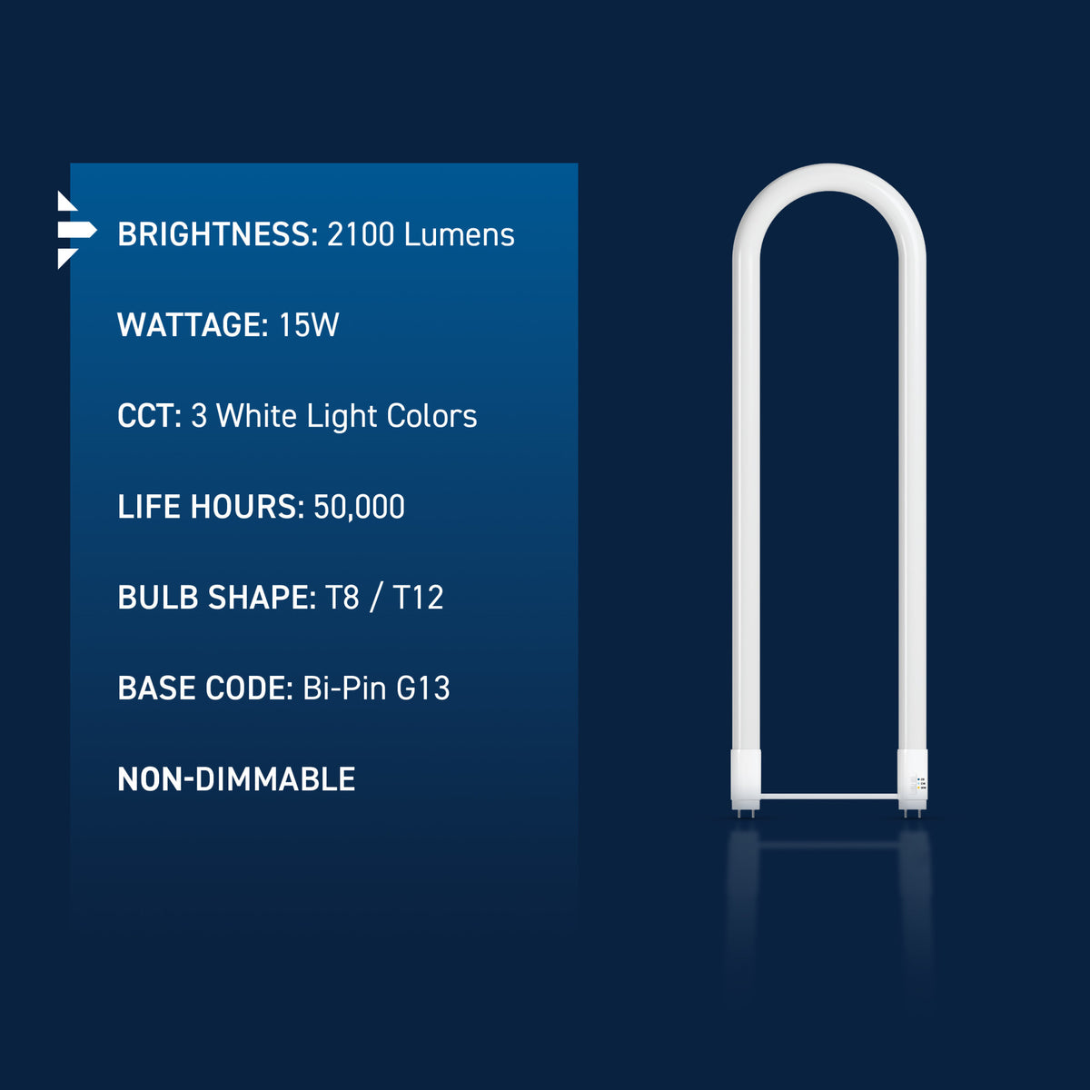 15W 2ft T8 Switchable White G13 Base Non-Dimmable LED U-Bend Light Tube