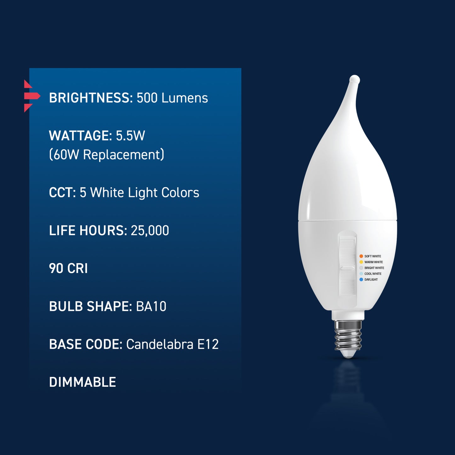 60W Replacement BA10 Dusk to Dawn Switchable White Candelabra E12 Base Non-Dimmable LED Light Bulb (2-Pack)