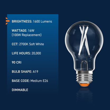 100W Replacement A19 White Filament Soft White Medium E26 Base Dimmable LED Light Bulb (4-Pack)