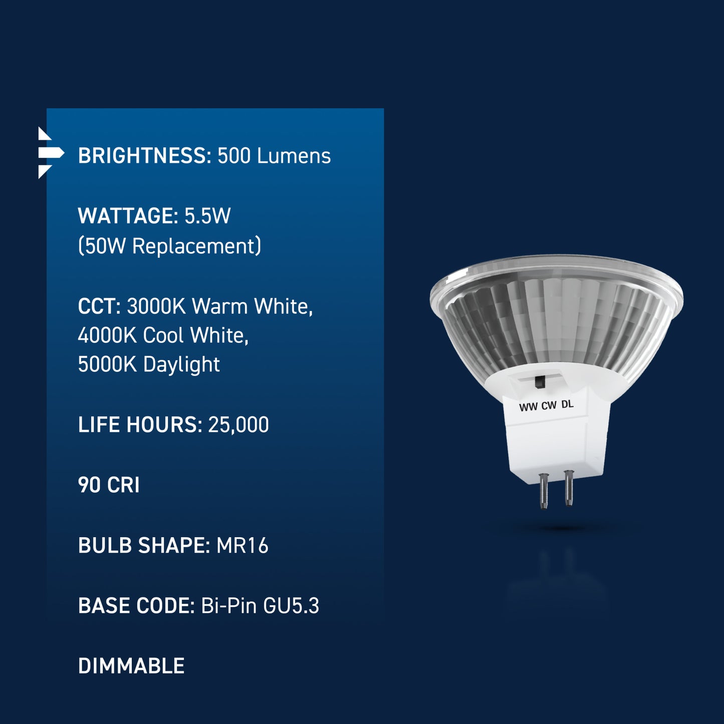 50W Replacement MR16 Switchable White Bi-Pin GU5.3 Base Dimmable LED Light Bulb (3-Pack)