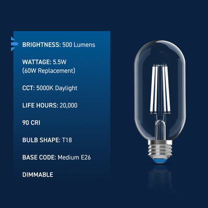 60W Replacement T18 White Filament Daylight Medium E26 Base Dimmable LED Light Bulb (2-Pack)