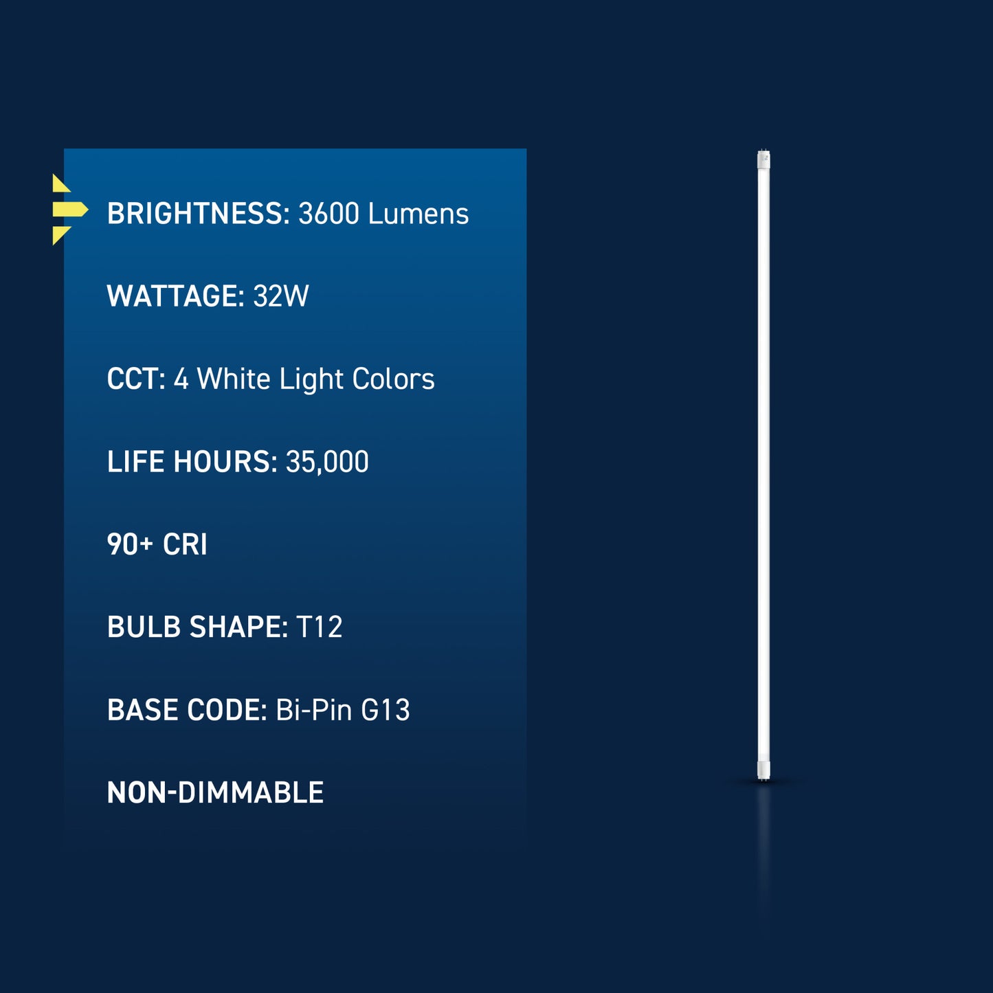 32W 4ft T12 Switchable White G13 Base Non-Dimmable LED Linear Light Tube (2 Pack)