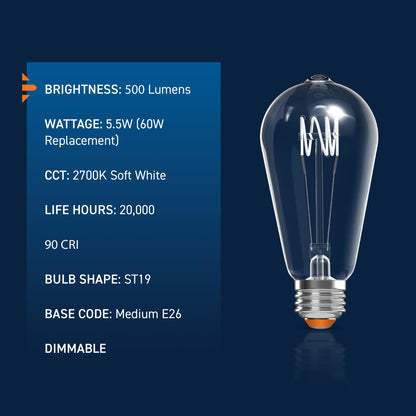 60W Replacement ST19 White Filament Soft White Medium E26 Base Dimmable LED Light Bulb (2-Pack)