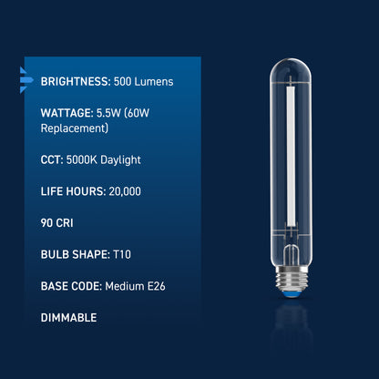 60W Replacement T10 White Filament Daylight Medium E26 Base Dimmable LED Light Bulb (2-Pack)