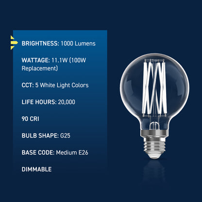 100W Replacement G25 Super Bright White Filament Switchable White Medium E26 Base Dimmable LED Light Bulb (2-Pack)