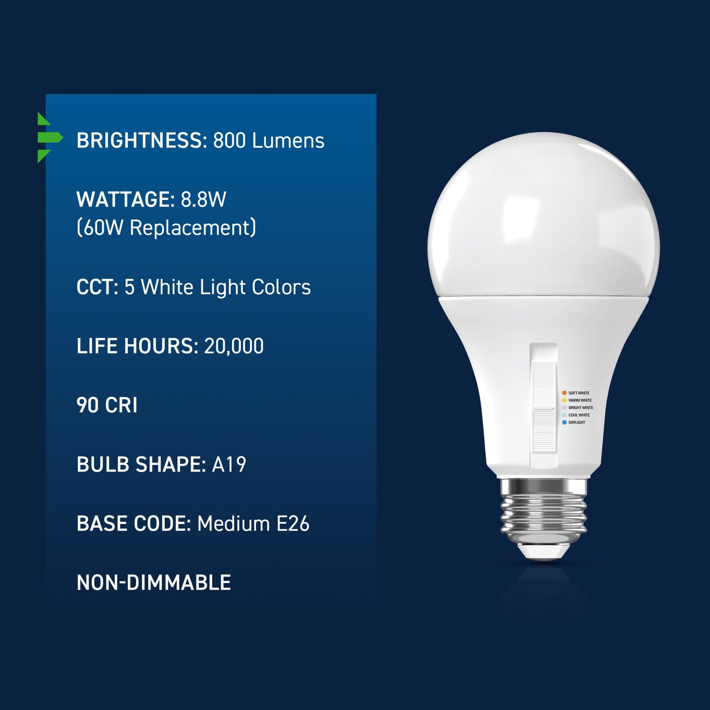 60W Replacement A19 Motion Activated Switchable White Medium E26 Base Non-Dimmable LED Light Bulb