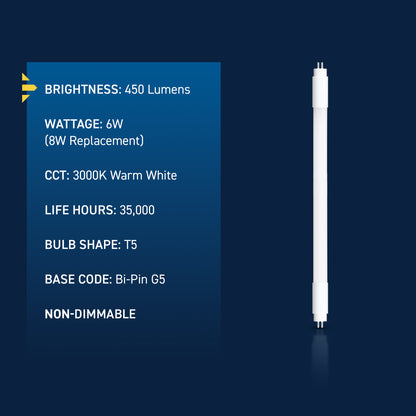 6W 12in T5 Warm White Bi-Pin G5 Base Non-Dimmable LED Linear Light Tube