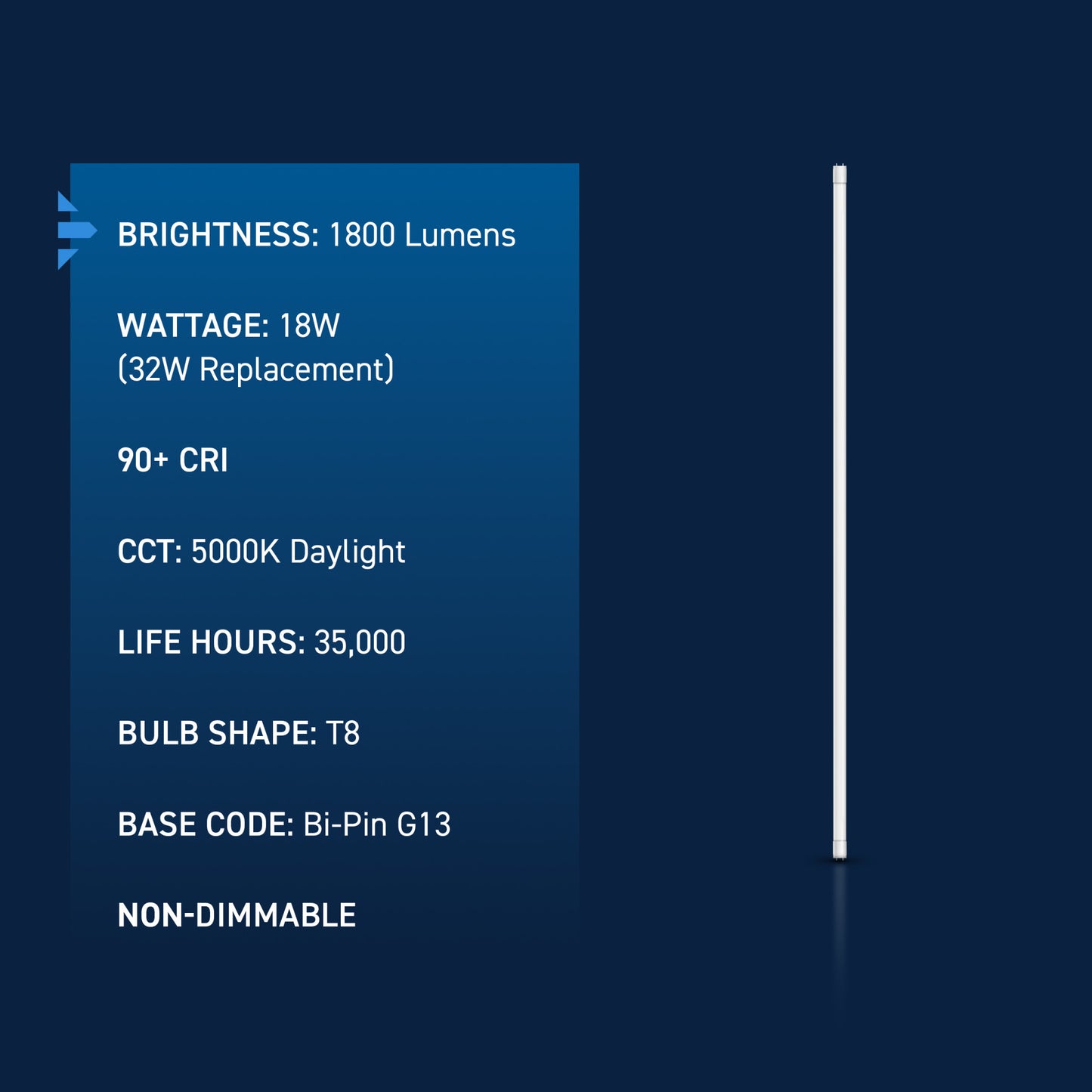 18W 4ft T8 Daylight G13 Base Non-Dimmable LED Linear Light Tube (10 Pack)