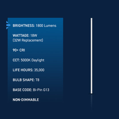 18W 4ft T8 Daylight G13 Base Non-Dimmable LED Linear Light Tube (10 Pack)