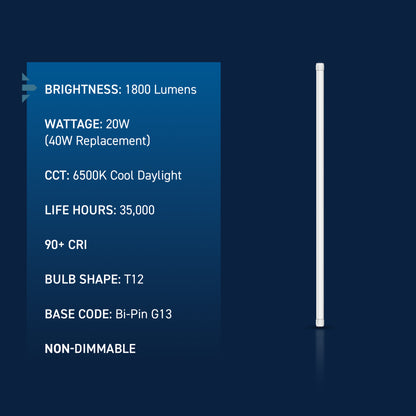 20W 4ft T12 Low Blue Cool Daylight G13 Base Non-Dimmable LED Linear Light Tube