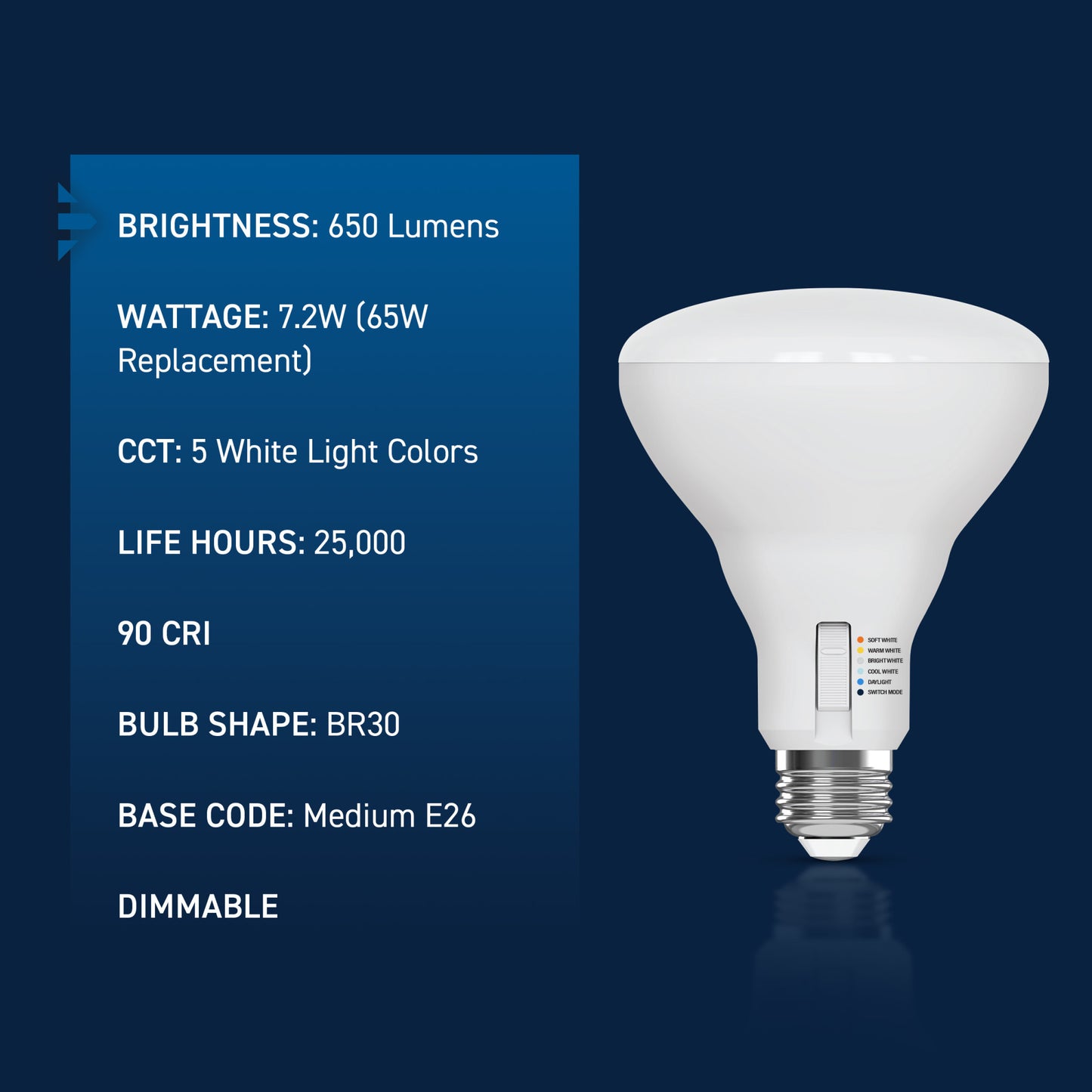 65W Replacement BR30 5 Shades + Switch Mode Medium E26 Base Dimmable LED Light Bulb (2-Pack)