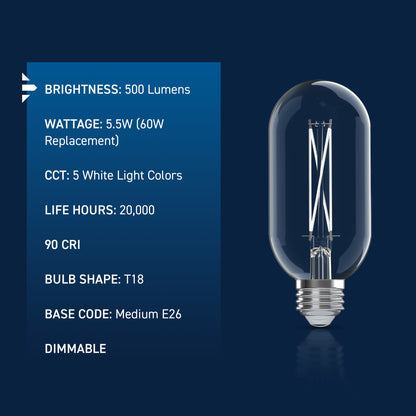 60W Replacement T18 White Filament Switchable White Medium E26 Base Dimmable LED Light Bulb (2-Pack)