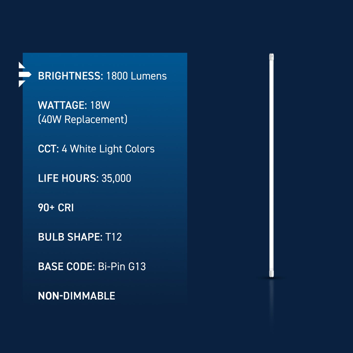 18W 4ft T12 Switchable White G13 Base Non-Dimmable LED Linear Light Tube (2-Pack)