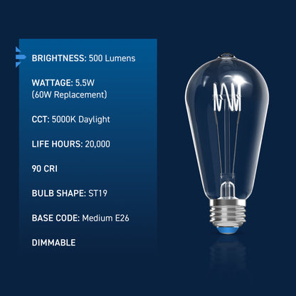 60W Replacement ST19 White Filament Daylight Medium E26 Base Dimmable LED Light Bulb (2-Pack)
