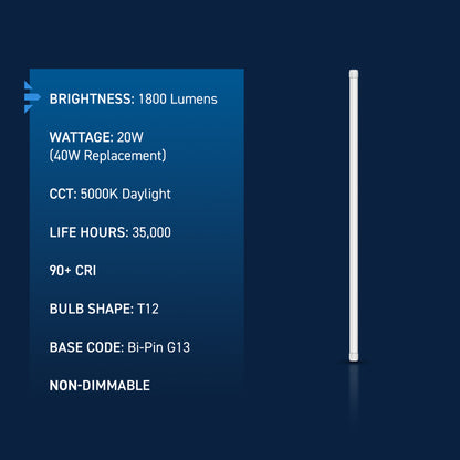 20W 4ft T12 Low Blue Daylight G13 Base Non-Dimmable LED Linear Light Tube (10 Pack)