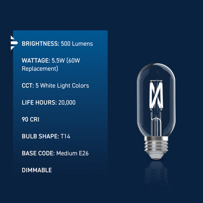 60W Replacement T14 White Filament Switchable White Medium E26 Base Dimmable LED Light Bulb (2-Pack)