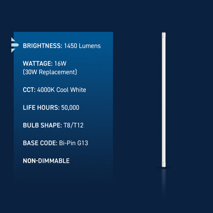 16W 3ft T8/T12 Cool White G13 Base Non-Dimmable LED Linear Light Tube