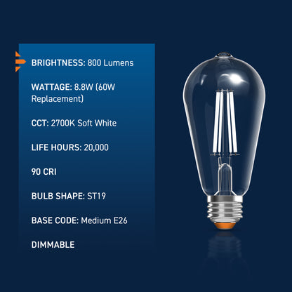 60W Replacement ST19 White Filament Soft White Medium E26 Base Dimmable LED Light Bulb (2-Pack)