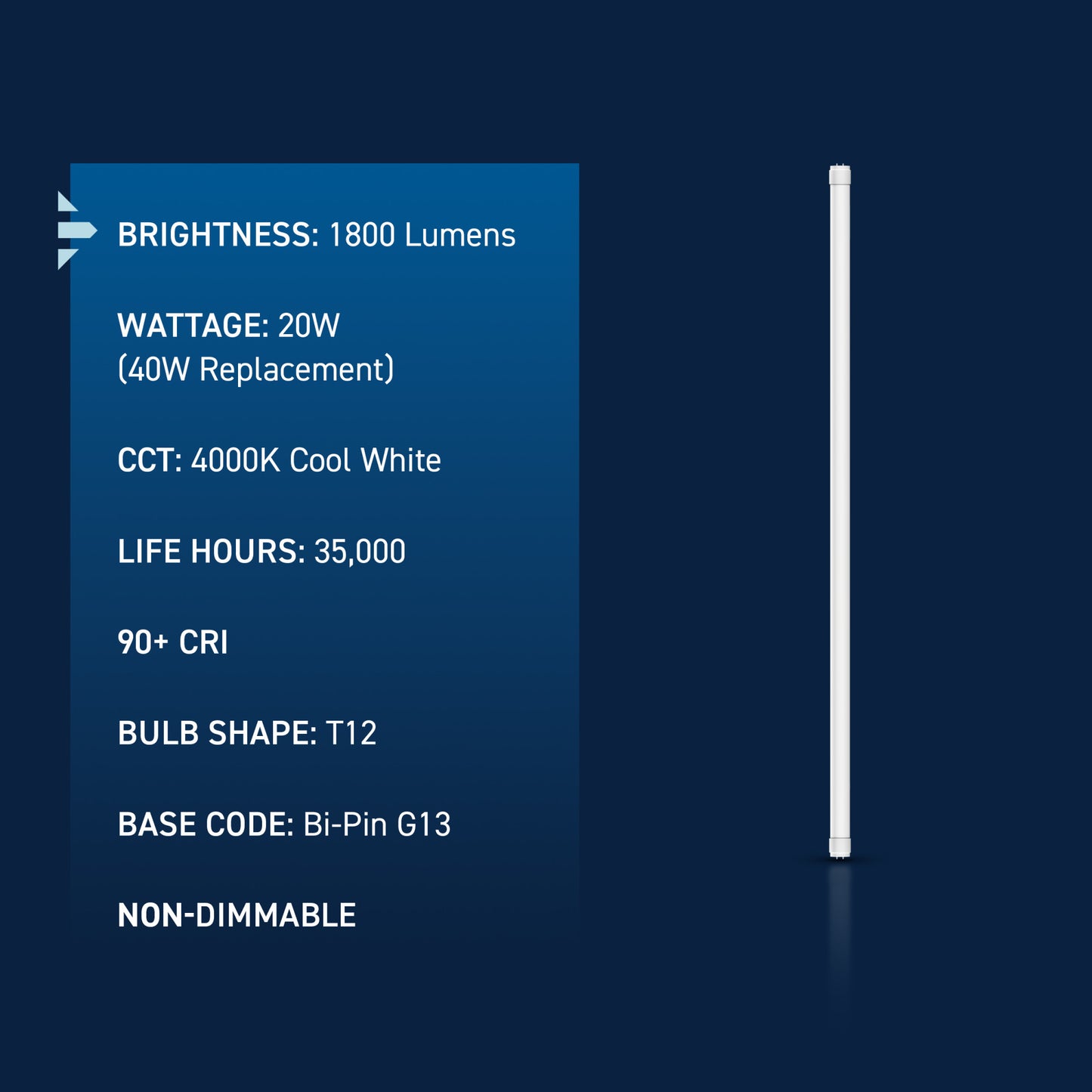 20W 4ft T12 Cool White G13 Base Non-Dimmable LED Linear Light Tube (10 Pack)