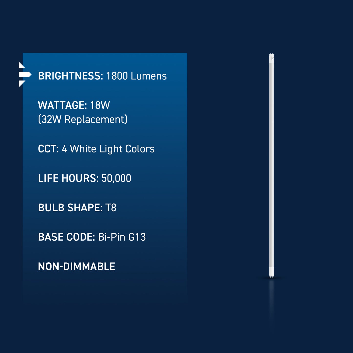 18W 4ft T8 Switchable White G13 Base Non-Dimmable LED Linear Light Tube (2 Pack)