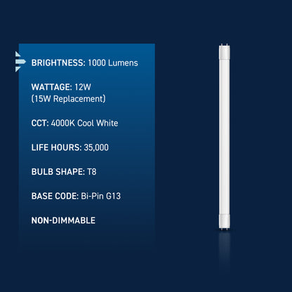 12W 18in T8 Cool White G13 Base Non-Dimmable LED Linear Light Tube