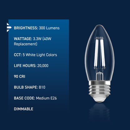 40W Replacement B10 White Filament Switchable White Medium E26 Base Dimmable LED Light Bulb (3-Pack)