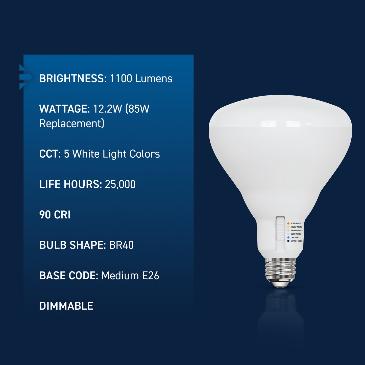 85W Replacement BR40 5 Shades + Switch Mode Medium E26 Base Dimmable LED Light Bulb (2-Pack)